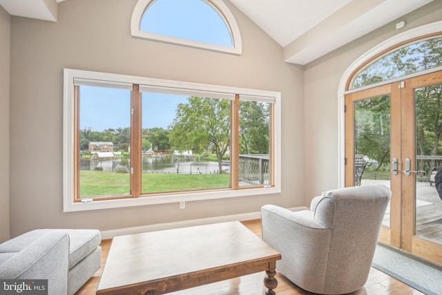 living area featuring french doors, light hardwood / wood-style flooring, and a healthy amount of sunlight