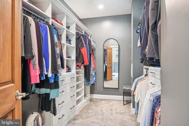 spacious closet featuring light carpet