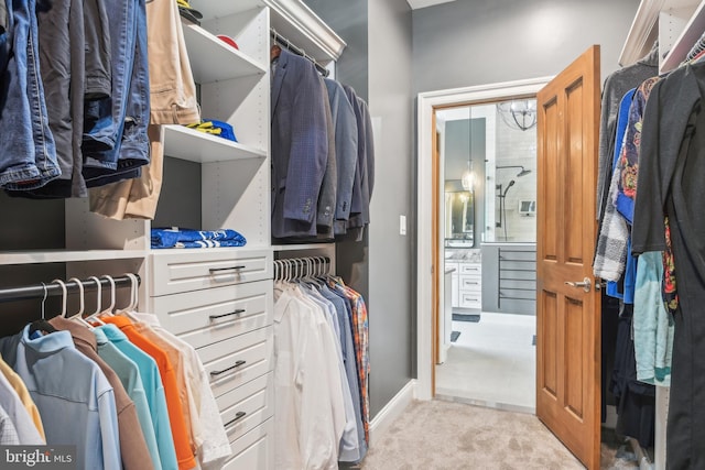 walk in closet with light colored carpet