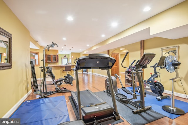 exercise room featuring light hardwood / wood-style flooring