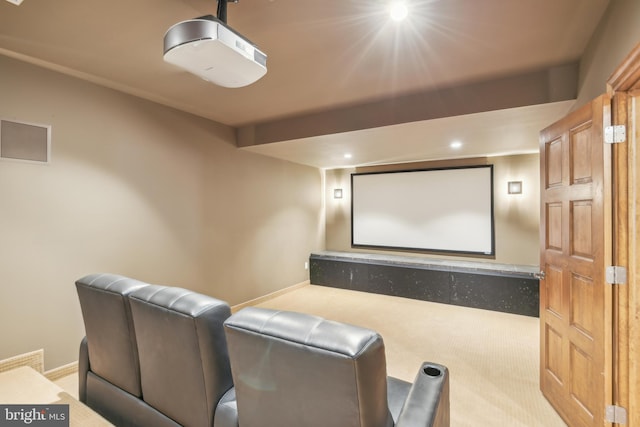 home theater with light carpet