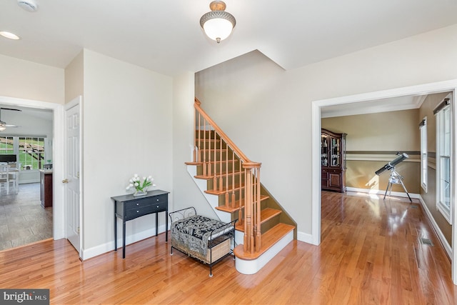 stairway with hardwood / wood-style floors and ceiling fan