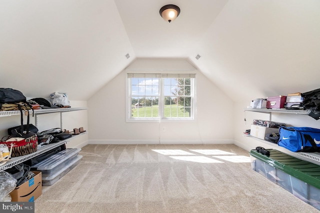 interior space featuring vaulted ceiling and light colored carpet