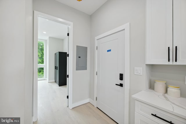 interior space featuring electric panel and light hardwood / wood-style floors