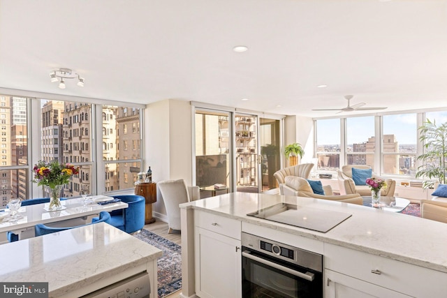 kitchen with light hardwood / wood-style flooring, plenty of natural light, stainless steel oven, and black electric stovetop