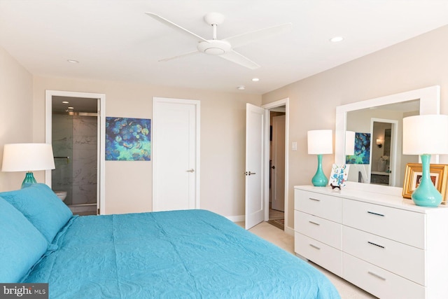 bedroom with connected bathroom and ceiling fan