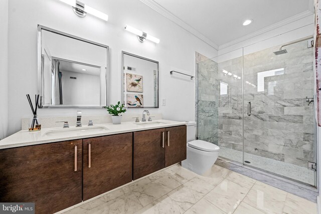 bathroom featuring walk in shower, ornamental molding, vanity, and toilet