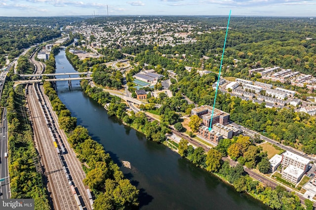 drone / aerial view featuring a water view