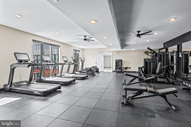 workout area featuring ceiling fan