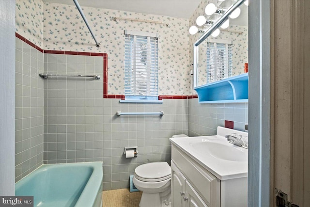 full bathroom featuring plus walk in shower, vanity, toilet, and tile walls