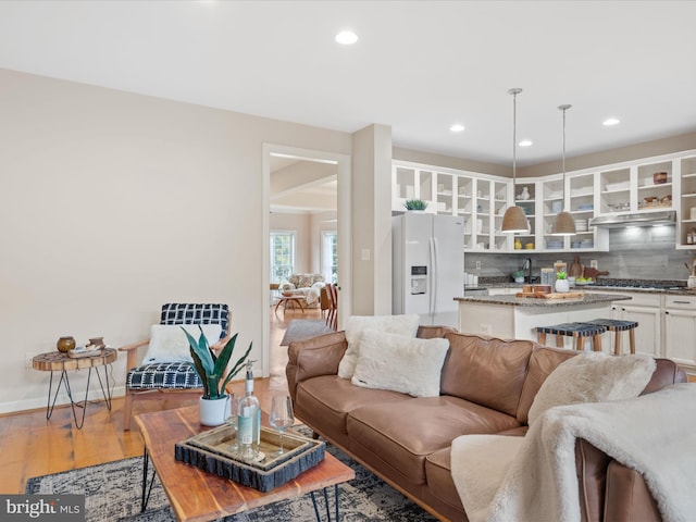 living room with hardwood / wood-style flooring and sink