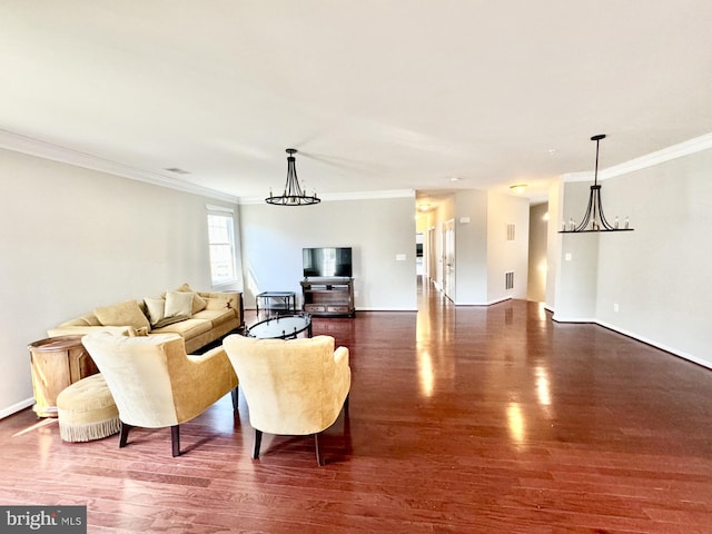 living room featuring crown molding and dark wood-type flooring