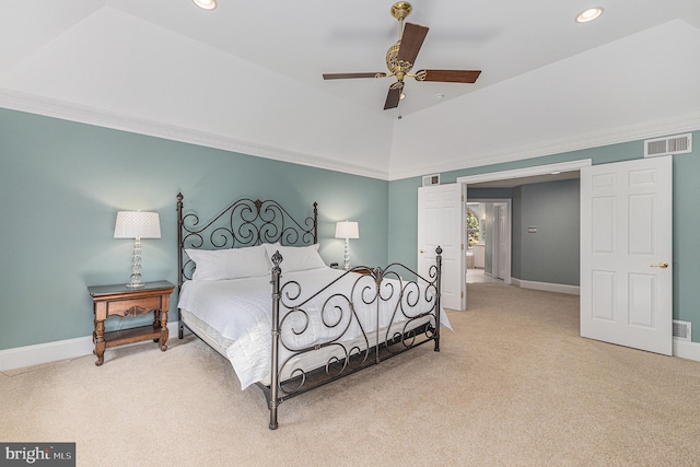 bedroom with ceiling fan and light carpet