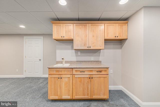 kitchen with a drop ceiling, carpet, and sink