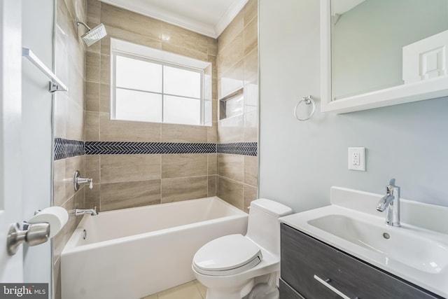 full bathroom with tiled shower / bath combo, tile patterned flooring, vanity, and toilet