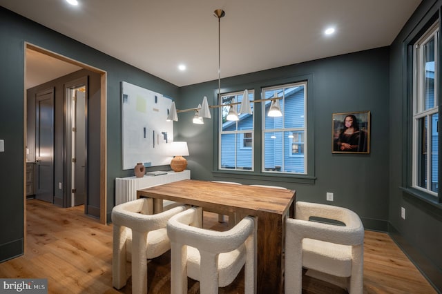 dining area with radiator heating unit and light wood-type flooring