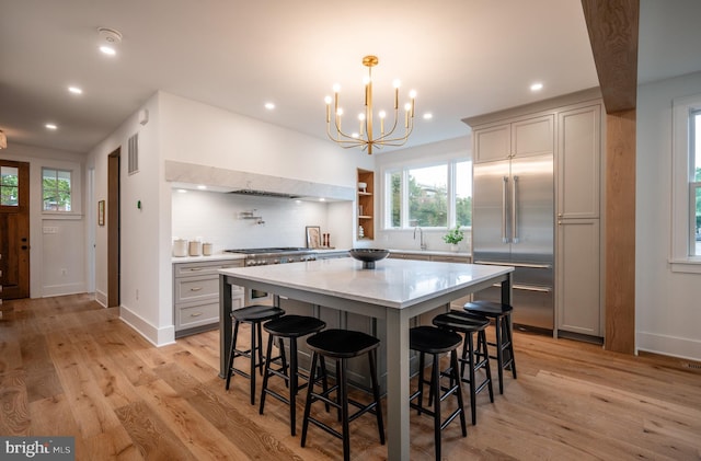 kitchen with decorative backsplash, light hardwood / wood-style floors, a kitchen island, a kitchen bar, and sink