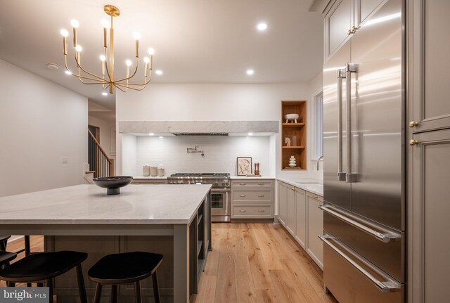 kitchen featuring gray cabinetry, light hardwood / wood-style floors, tasteful backsplash, light stone countertops, and premium appliances