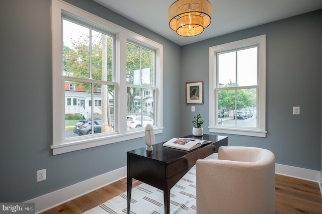 home office with hardwood / wood-style floors