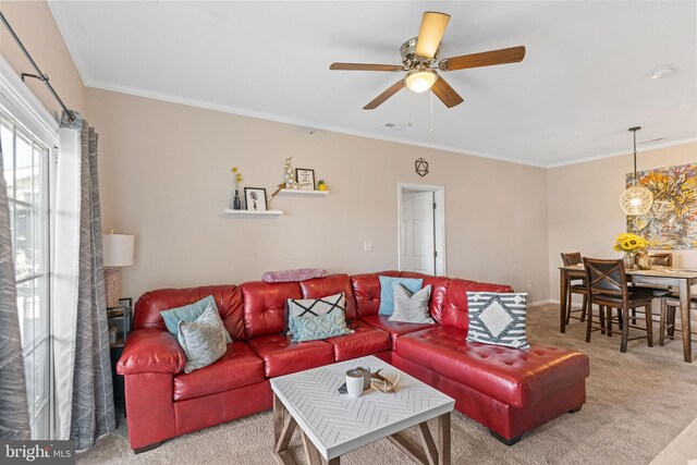 carpeted living room with ceiling fan and ornamental molding