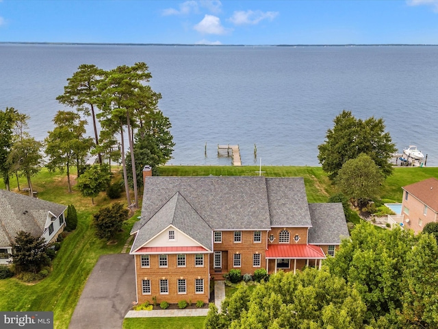 aerial view featuring a water view