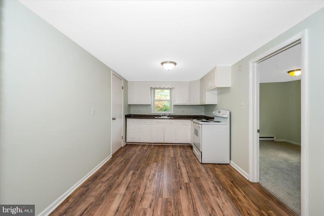 kitchen featuring baseboard heating, dark hardwood / wood-style flooring, sink, and white range with electric stovetop