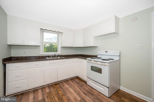 kitchen with white cabinetry, sink, white electric stove, and dark hardwood / wood-style flooring