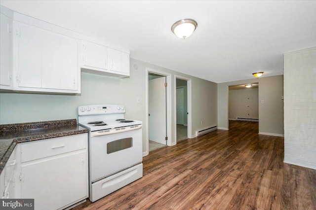 kitchen with white cabinetry, white range with electric cooktop, and dark wood-type flooring