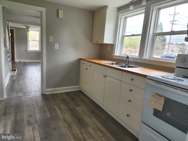 kitchen with dark hardwood / wood-style flooring, sink, butcher block counters, and white electric range oven