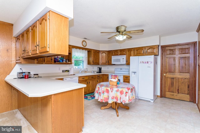 kitchen featuring ceiling fan, sink, kitchen peninsula, and white appliances