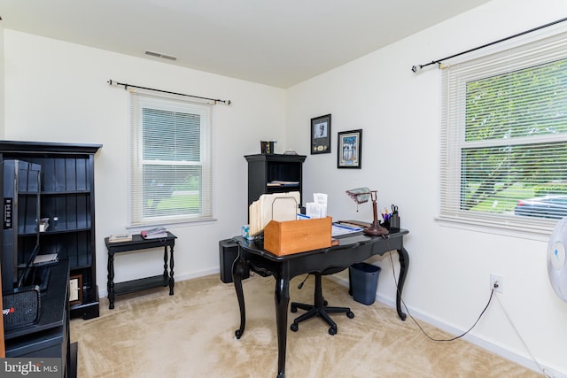 office space featuring light carpet