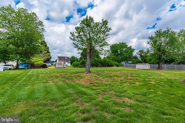 view of yard featuring a storage shed