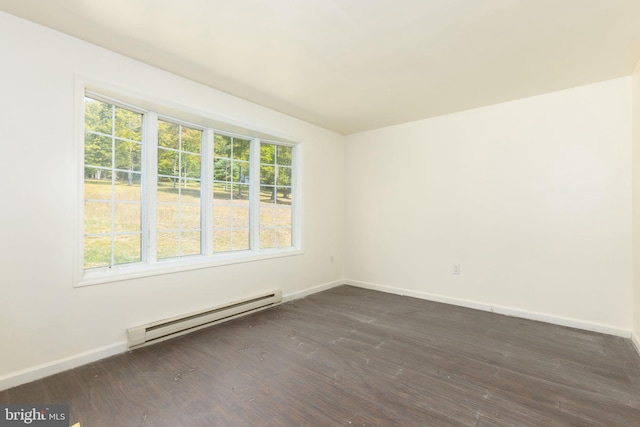 unfurnished room featuring dark hardwood / wood-style flooring, a baseboard heating unit, and plenty of natural light