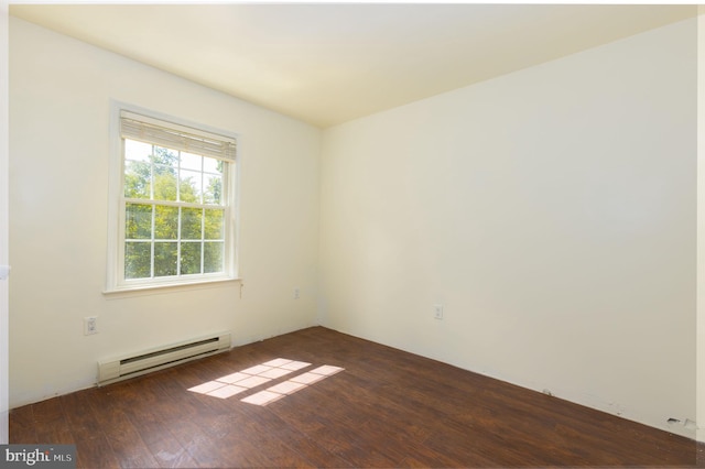 unfurnished room with dark wood-type flooring and a baseboard radiator