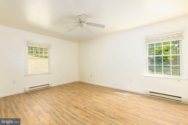 spare room featuring light wood-type flooring, ceiling fan, and a baseboard radiator