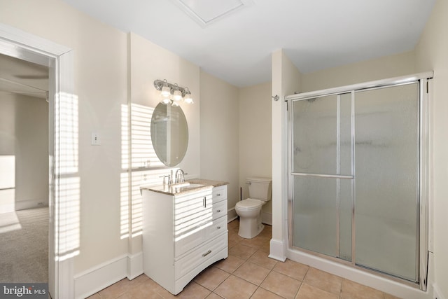 bathroom featuring tile patterned flooring, vanity, toilet, and walk in shower