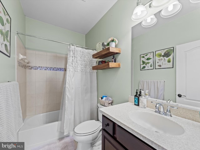 full bathroom featuring vanity, shower / tub combo, and toilet