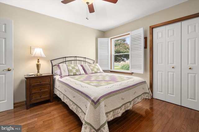 bedroom with a closet, ceiling fan, and hardwood / wood-style floors