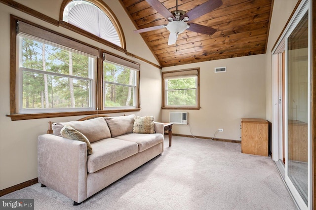 carpeted living room with wooden ceiling, lofted ceiling, ceiling fan, and a wall mounted air conditioner