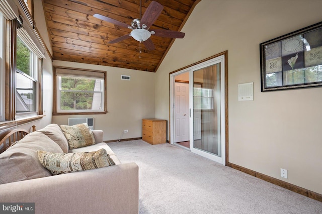 living room with wood ceiling, carpet flooring, lofted ceiling, a wall mounted AC, and ceiling fan