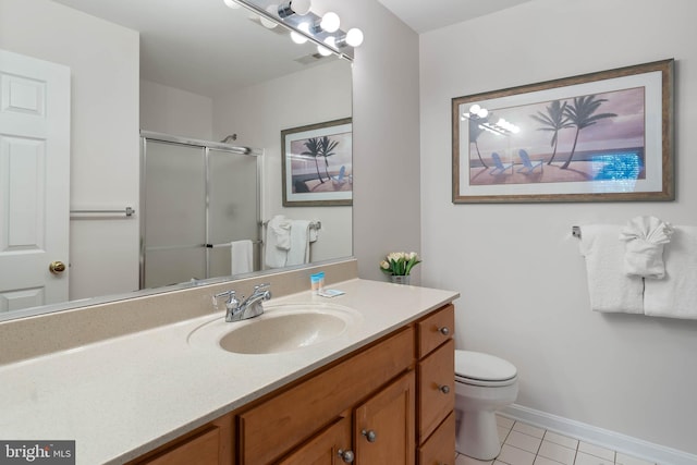 bathroom featuring vanity, toilet, walk in shower, and tile patterned floors