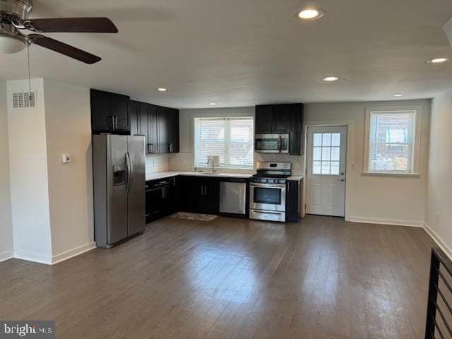 kitchen with ceiling fan, sink, appliances with stainless steel finishes, and dark hardwood / wood-style flooring