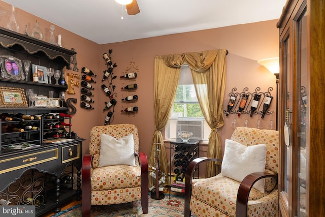 living area with ceiling fan