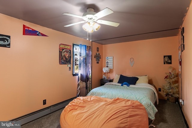 carpeted bedroom featuring ceiling fan and a baseboard radiator