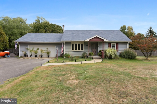 ranch-style house with a garage and a front yard