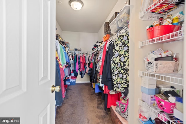 spacious closet featuring dark carpet