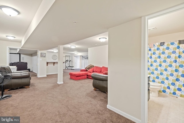 living room featuring light colored carpet