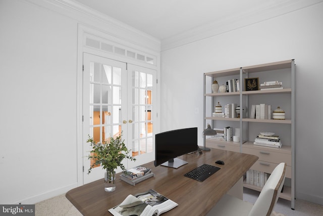 carpeted office featuring french doors, plenty of natural light, and crown molding