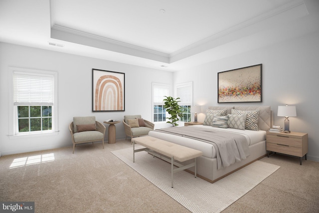 bedroom with multiple windows, a tray ceiling, and light carpet