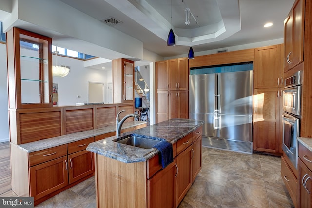 kitchen with a center island with sink, a raised ceiling, light stone countertops, sink, and stainless steel appliances